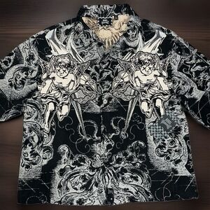 Rebel Vengeance Black And White Cherub Graphic Button-up Baroque Tapestry Print